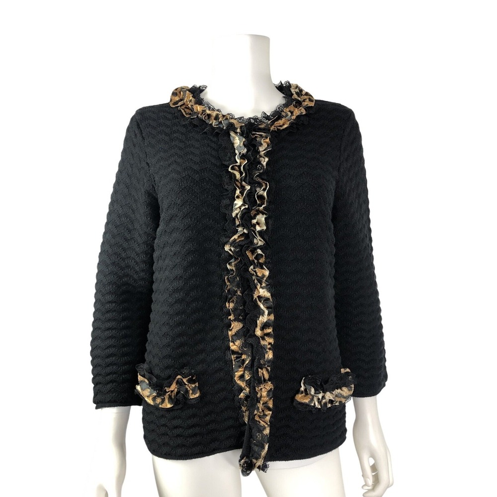 Chicos Black Textured Knit Cardigan Leopard Ruffle Classic Chico 2 Size Large